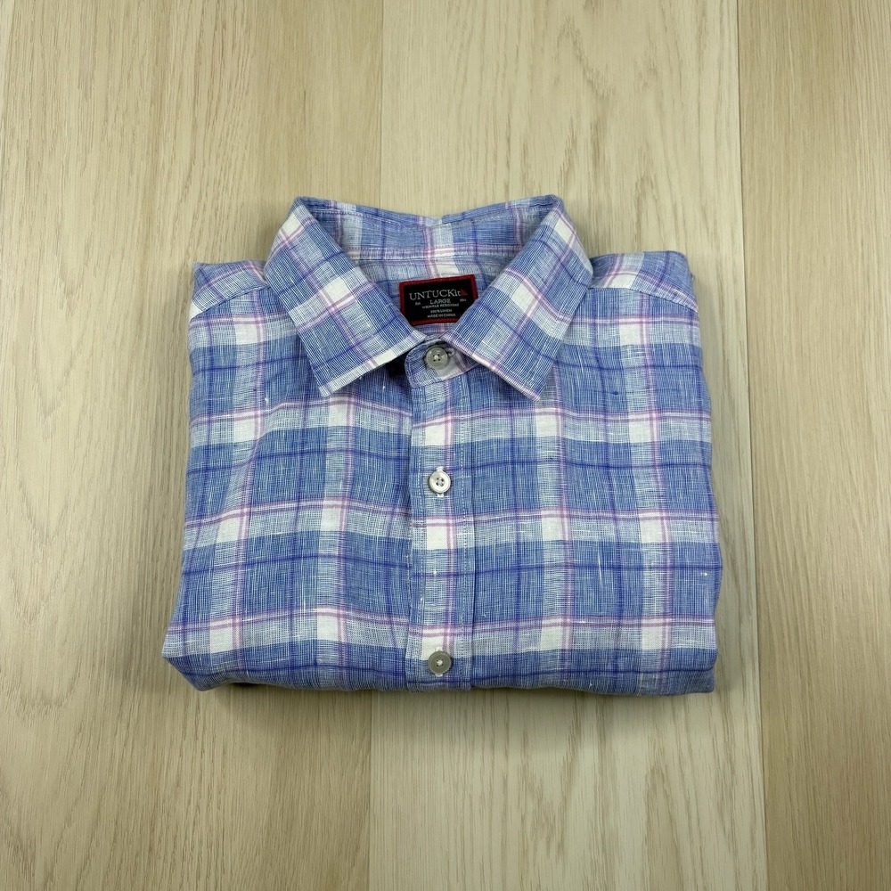 Untuckit Berardo WR Linen Shirt Regular Fit Blue Purple Plaid 40838 Mens L Large